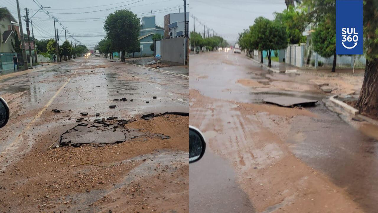Força da água danifica trecho da avenida Presidente Vargas após inundação em Camaquã