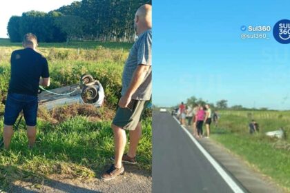 Motorista perde controle da direção e capota carro na ERS-350, entre Arambaré e Camaquã