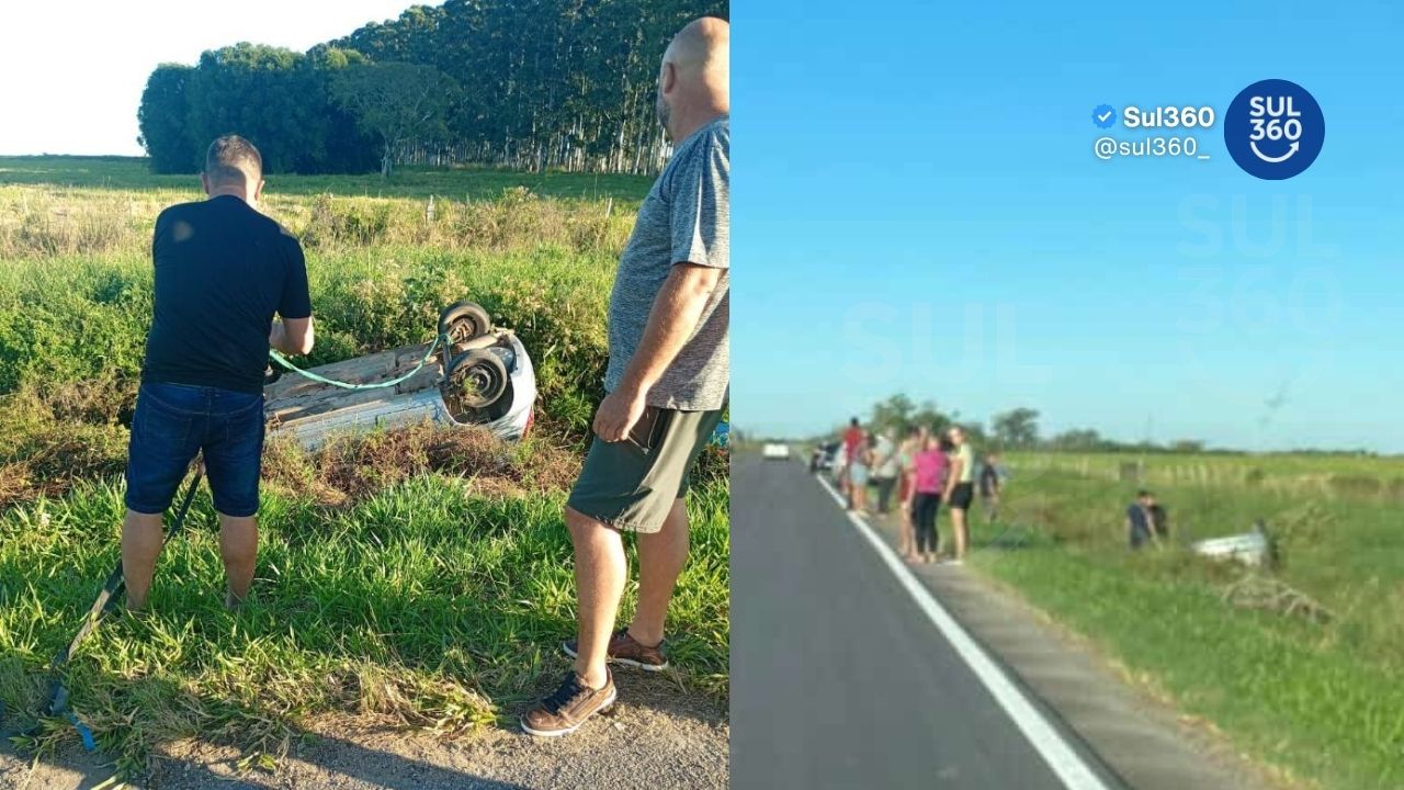 Motorista perde controle da direção e capota carro na ERS-350, entre Arambaré e Camaquã