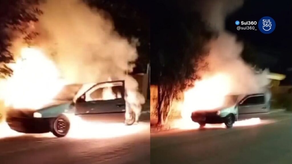 Carro é completamente destruído por incêndio em Camaquã