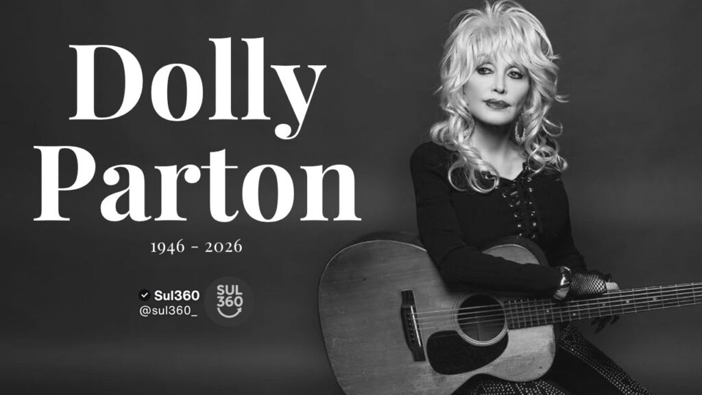 Dolly Parton sorrindo com guitarra em retrato preto e branco anunciando sua morte em 1946–2026 para obituário no Sul360