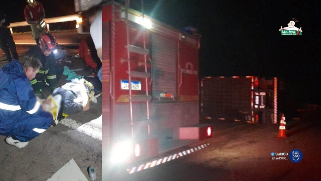 Caminhão tomba na BR-116 e deixa motorista preso às ferragens