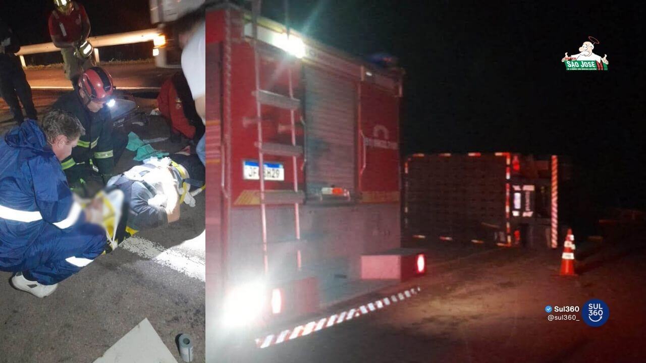 Caminhão tomba na BR-116 e deixa motorista preso às ferragens