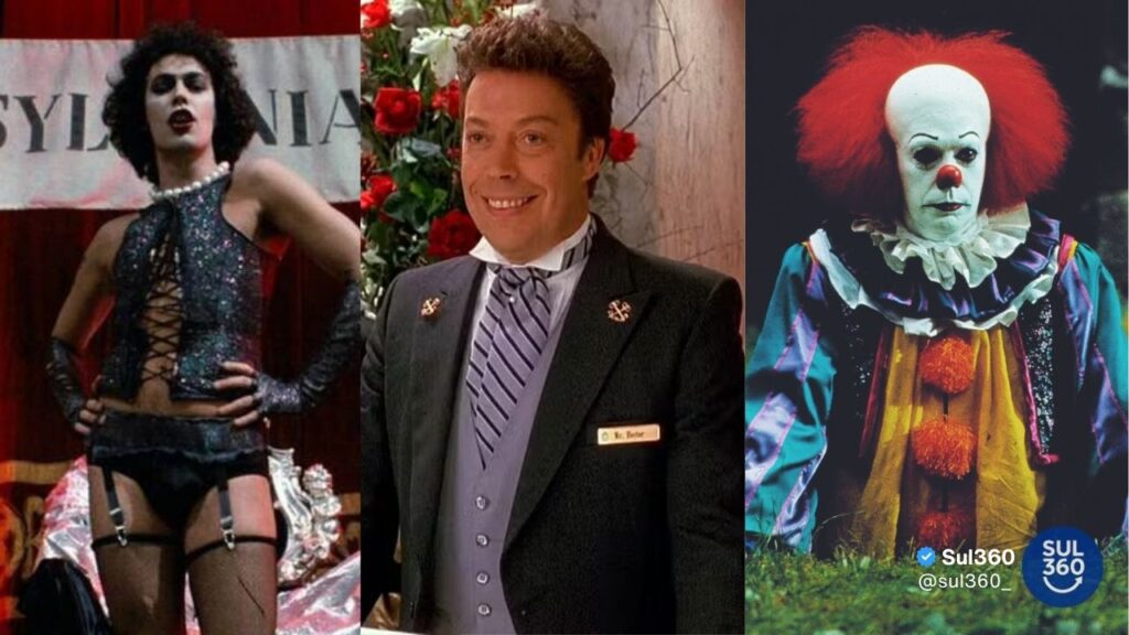 Três imagens de Tim Curry: Dr. Frank-N-Furter em The Rocky Horror, gerente de hotel em Esqueceram de Mim 2 e Pennywise em It